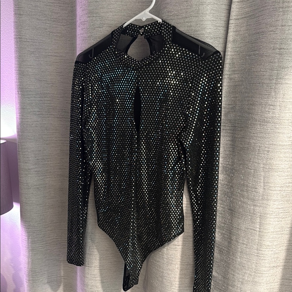 Iris Black and Silver Sequin Cut Out Bodysuit